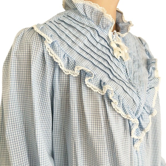 Vtg Handmade Nightgown Pleated Bib Eyelet Lace L/S Blue Gingham Zip Cottage Core - Picture 3 of 10
